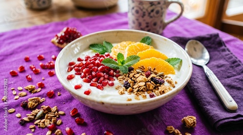 Healthy breakfast yogurt bowl with pomegranate and granola, fresh fruit muesli on purple linen, nutritious morning meal