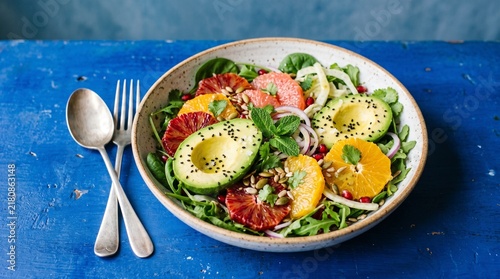 Fresh citrus salad with avocado and blood orange, healthy vegan bowl on blue background, nutritious vegetarian meal