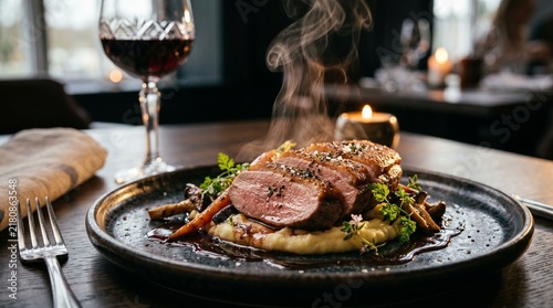 Gourmet roasted duck breast with steam, elegant fine dining plate with red wine, luxury restaurant dinner setting with candlelight