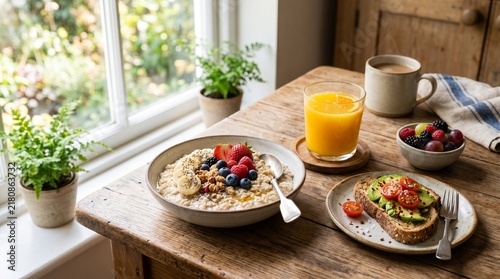 Rustic healthy breakfast on wooden table, oatmeal bowl with berries and avocado toast, morning meal with orange juice and coffee