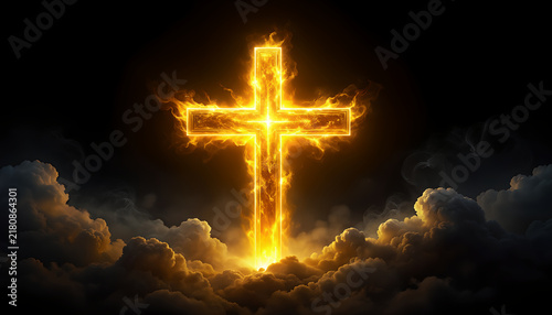 A glowing fiery cross standing triumphantly amidst dark clouds with divine light.