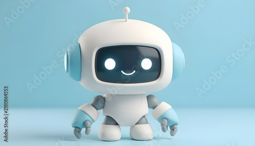Cute white and blue cartoon robot standing against a simple blue background.