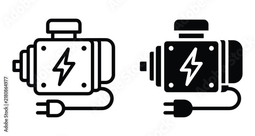 Electric motor generator icon set with lightning bolt symbol and power plug cable for industrial energy and power supply equipment