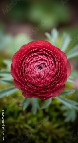 Vibrant Red Ranunculus Flower With Water Droplets On Green Mossy Background