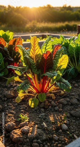 Vibrant Swiss Chard Growing In A Raised Garden Bed At Sunset