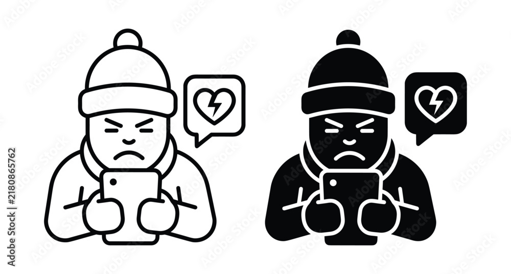 Fototapeta premium Angry person using smartphone with broken heart speech bubble icon representing cyberbullying online harassment digital stress and negative social media