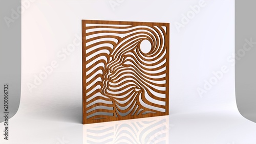 Foto Abstract wooden laser-cut panel with face silhouettes and optical art pattern