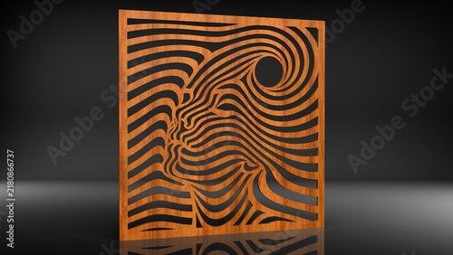 Fotografie Abstract wooden laser-cut panel with face silhouettes and optical art pattern