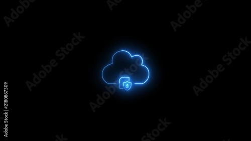 Glowing blue neon cloud file storage with secure shield animation on a black background, cyber security, data privacy, cloud hosting, or network safety