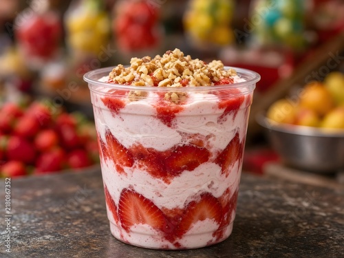 Mexican Street Style Fresas con Crema Clear Cup Layered with Sweet Cream and Granola
