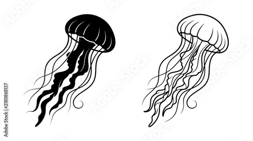 Принти на полотні Jellyfish silhouettes depict marine life with flowing tentacles against a white