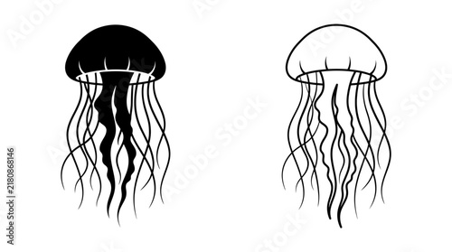 фотографія Jellyfish silhouettes depict marine life with flowing tentacles against a white