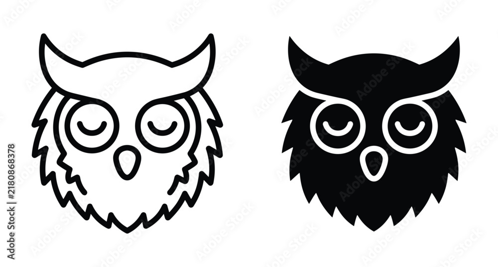 Fototapeta premium Owl head icon set featuring minimalist line art and solid black silhouette designs for wildlife logos and nature graphic elements