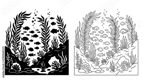 Konstfotografi Underwater scene with fish seaweed and rocks is a black and white vector illustr
