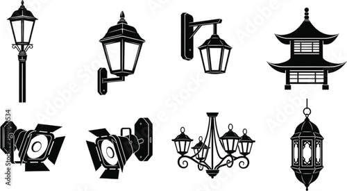 Collection of home furnishings including rugs pillows and curtains silhouette