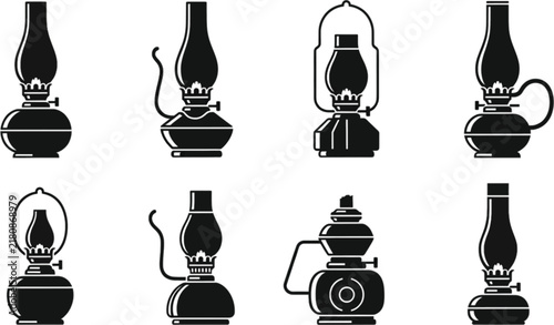 Collection of vintage kerosene lamps in black silhouette style
