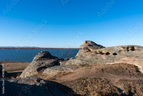 Photography Stone tents of lake Bolshie Allaki are granite rocks in the Middle Urals in Chelyabinsk region near Kasli, Russia