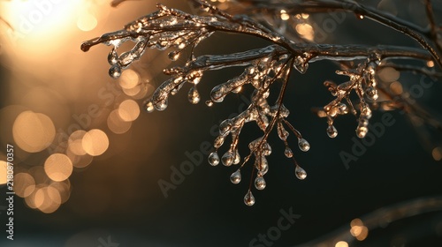 Sunlit ice-covered branches glisten, casting soft bokeh lights in background