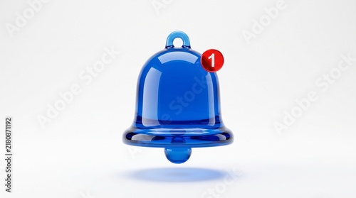 Blue 3d notification bell icon with a red number one alert badge for social media and website updates