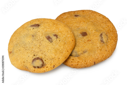 Cuadro en lienzo Two chocolate chip cookies are shown on a white background