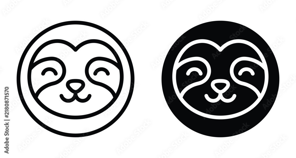 Fototapeta premium Sloth face icon set featuring minimalist line art and solid circle designs for wildlife conservation branding and cute animal graphics