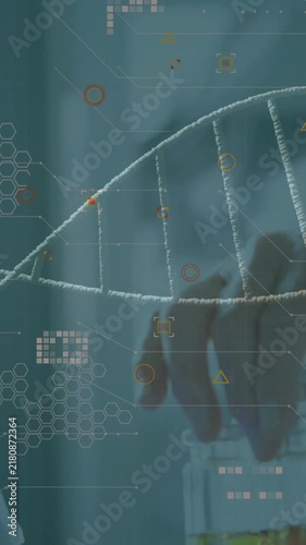 Animation of spinning dna strand an data processing over caucasian scientist in laboratory