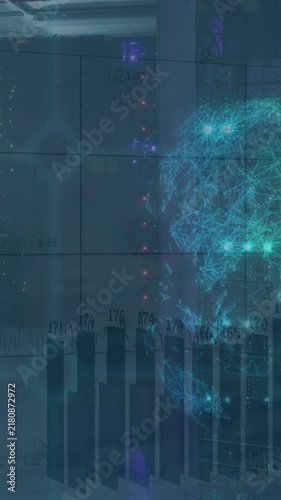 Animation of globe rotating, multiple graphs and numbers, grid over data server racks