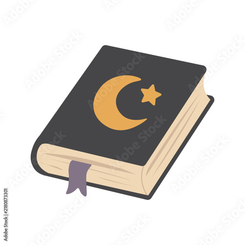 Magic book icon. Closed mysterious spell book with moon and star symbol. Flat vector illustration isolated on white background.