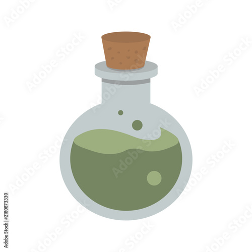 Magic potion bottle icon. Green poison liquid in glass flask with cork for alchemy, Halloween and fantasy game design. Flat vector illustration isolated on white background.