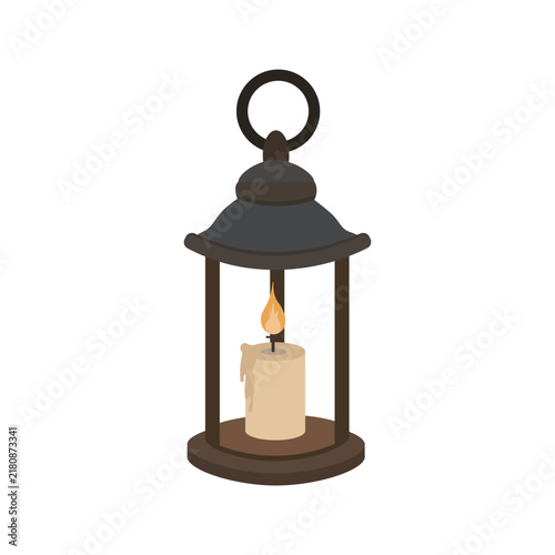Vintage lantern with burning candle inside. Old metal lamp with flame for lighting, camping and cozy decor. Flat vector illustration isolated on white background.