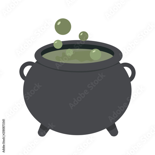 Witch cauldron with boiling green potion and bubbles. Magic pot for Halloween, spell, potion and wizard concepts. Flat vector illustration isolated on white background.