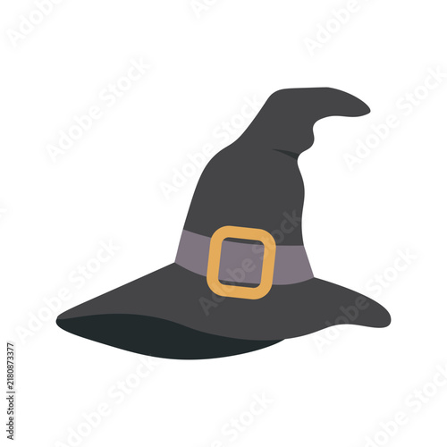 Witch hat icon. Black magic hat with belt and buckle for Halloween party and costume design. Flat vector illustration isolated on white background.