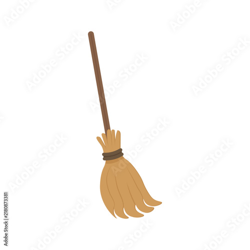 Witches broom icon. Magic broomstick for Halloween celebration and fantasy wizard design. Flat vector illustration isolated on white background.