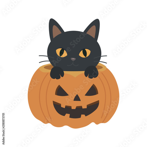 Cute black cat sitting inside a carved pumpkin. Happy Halloween vector illustration with spooky jack o' lantern and funny kitten. Flat vector illustration isolated on white background.