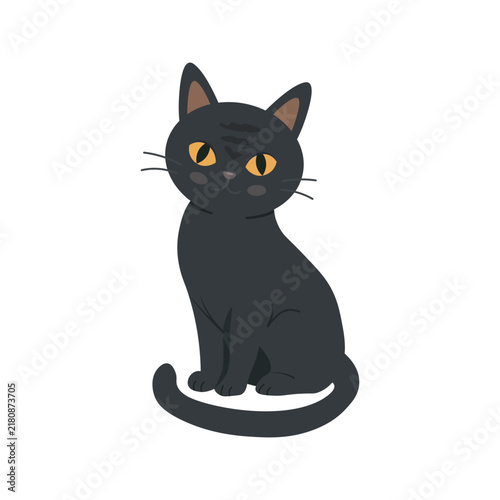 Cute black cat sitting with yellow eyes. Friendly domestic pet or Halloween feline character. Flat vector illustration isolated on white background.