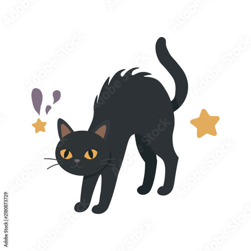 Cute frightened black cat with arched back and fluff fur. Halloween spooky pet character with stars. Flat vector illustration isolated on white background.