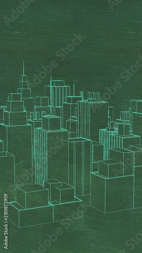 Animation of rotating 3d model of modern buildings against abstract background