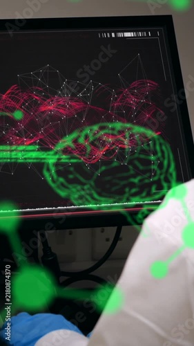 Animation of programming language, brain, molecular structure and caucasian scientist using computer