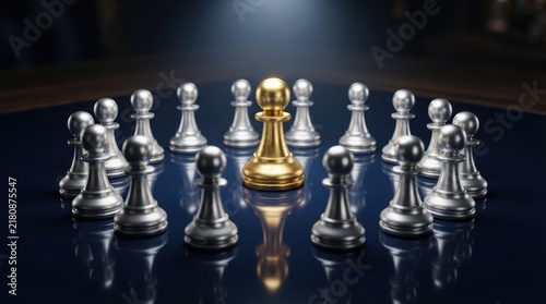 A single golden chess pawn standing prominently at the center of a circle surrounded by multiple silver pawns representing leadership and strategy