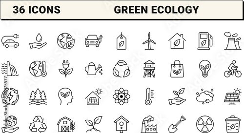 Ecology and environment line icon set. Vector pictograms of renewable energy, recycling, conservation, and sustainability elements, thin linear illustration.