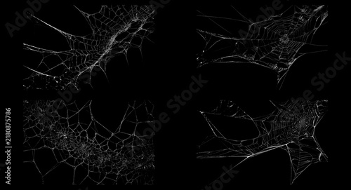 Fotografie Spooky spider web collection on black background, set of 4 realistic cobweb text