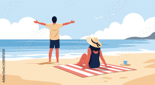 Man and woman enjoying beach vacation with man stretching arms towards the ocean and woman sitting on blanket under clear sky.