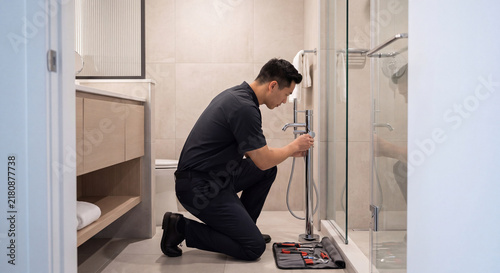 A male plumber wearing a black uniform kneels inside a glass shower enclosure while assembling and installing chrome plumbing fixtures with tools