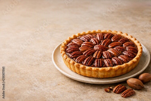 Traditional pecan pie with whole nuts on a rustic table