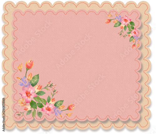 Vintage floral scalloped frame with delicate watercolor flowers on a soft pink textile background and stitched decorative border with spacious copy space for wedding invitations stationery greeting ca