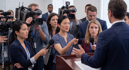 A crowd of eager press reporters and media journalists holding out microphones and recording devices to question a businessman or official at a crowded press conference event.