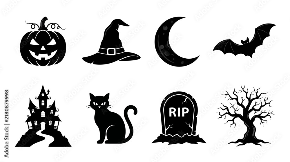 Fototapeta premium Halloween Icon Set with Pumpkin Witch Hat Moon Bat Haunted House Cat Tombstone and Tree 