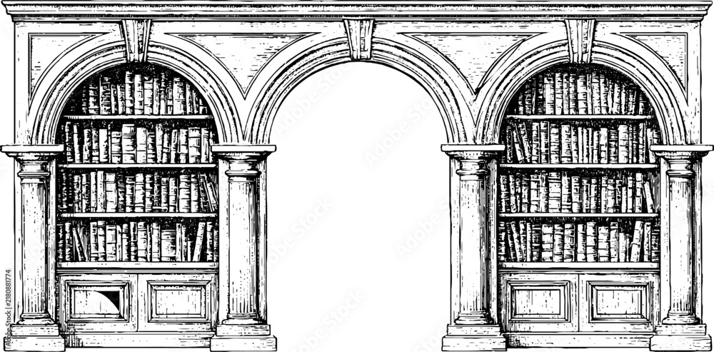 Obraz premium Antique engraved three-arch bookcase with central passage and flanking shelves for vintage background and interior design poster