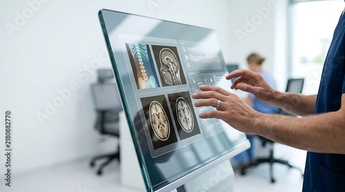 Doctor hands touching a transparent screen displaying brain MRI scan results in a modern clinic.
