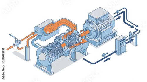 Modern Combined Cycle Power Plant Diagram with Gas and Steam Turbines Electric Generator and Cooling Tower